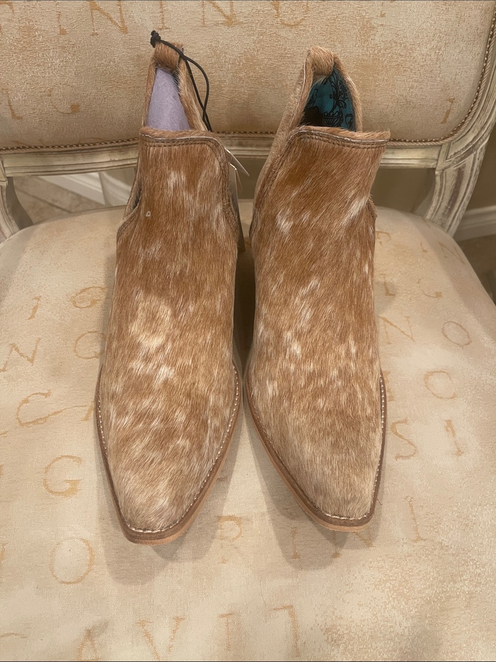 MYRA-SUNSET BLOOM SPLIT-TOP HAIR-ON HIDE BOOTS IN SPECKLED FAWN